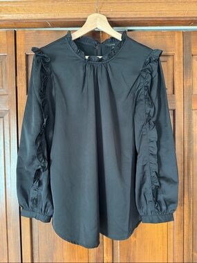 J. Crew Black Ruffle-Trim Long Sleeve Top